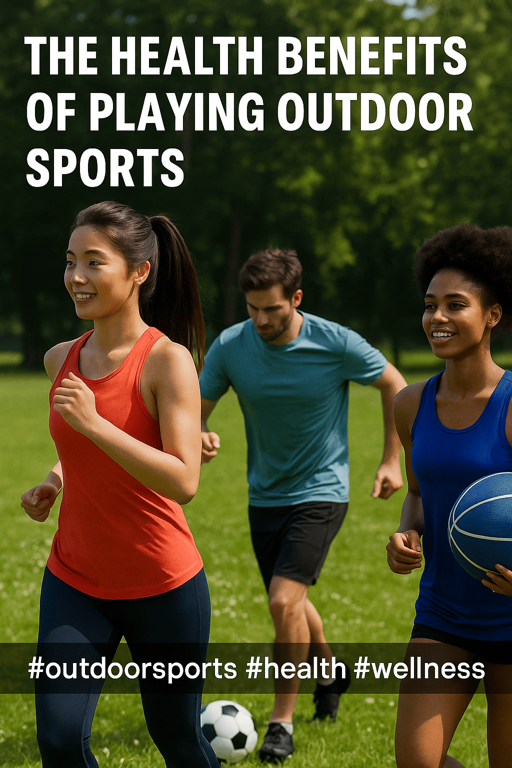 Ilustrasi orang-orang berolahraga di luar ruangan, termasuk jogging, bermain bola, dan basket, menggambarkan manfaat kesehatan dari aktivitas outdoor.