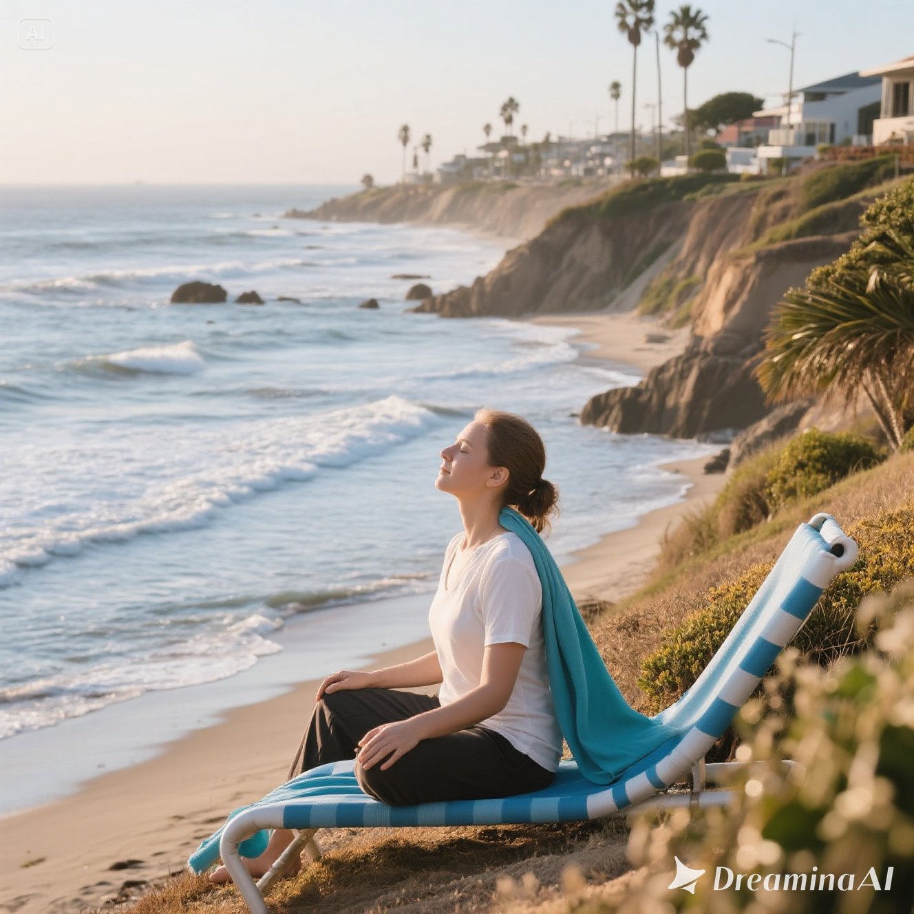 A calm beach view with gentle waves, blue sky, and a relaxing atmosphere symbolizing the mental wellness benefits of coastal living.