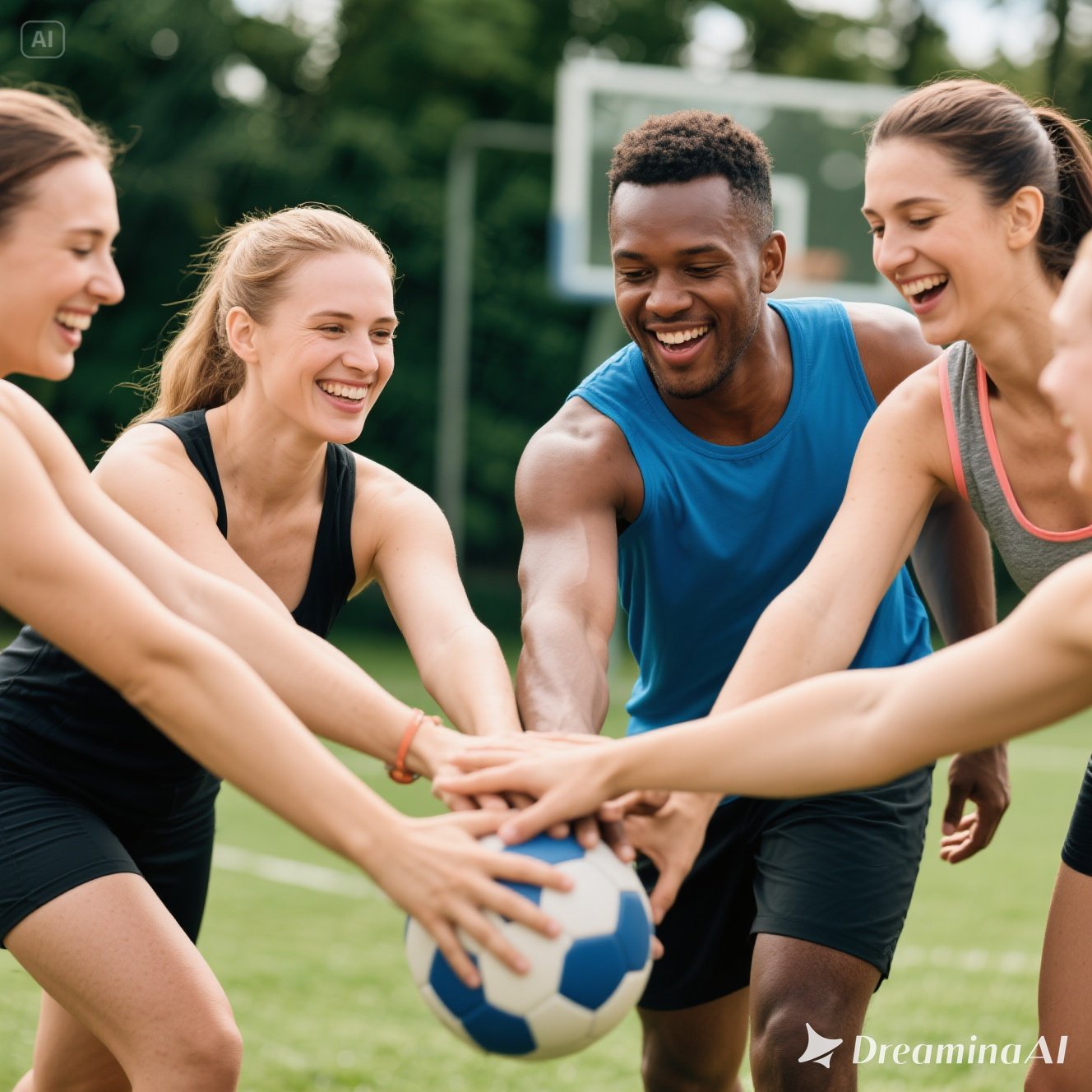 Flat-style modern illustration showing a group of people playing soccer, basketball, and jogging together in a park, symbolizing teamwork, motivation, and fitness.