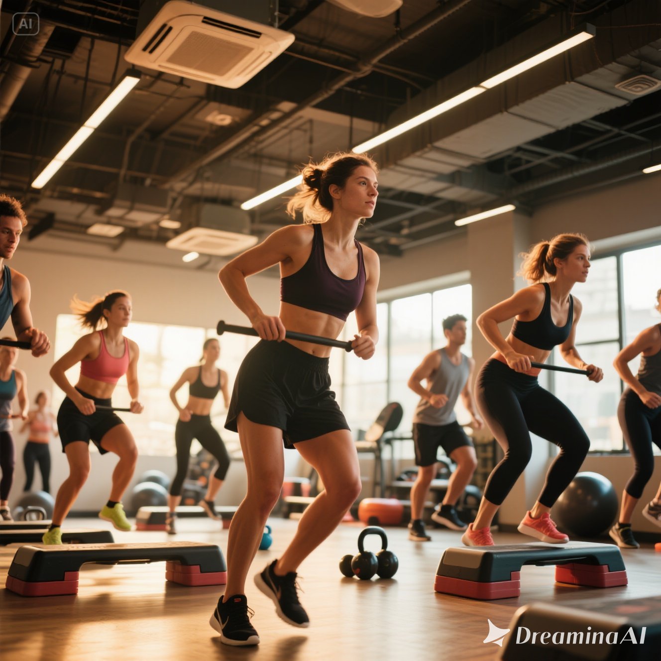 Illustration of hybrid fitness classes combining in-person gym training with virtual online workouts via mobile apps and live streaming.