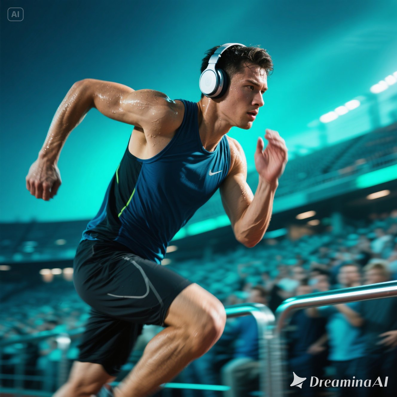 Athlete running with headphones on, energized by music, with sound waves and rhythm icons in the background.