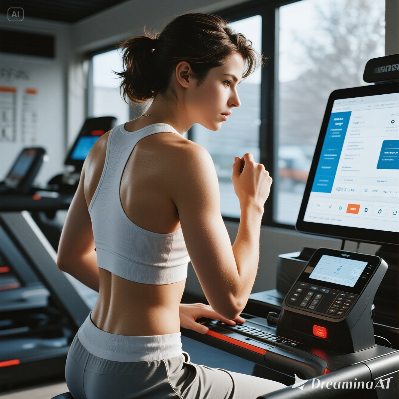 Illustration of futuristic fitness technology including VR workouts, AI trainers, and smart wearables.