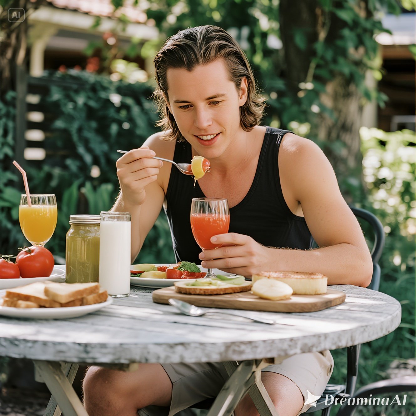 Illustration of people enjoying outdoor dining with fresh food, greenery, and a wellness-inspired lifestyle.