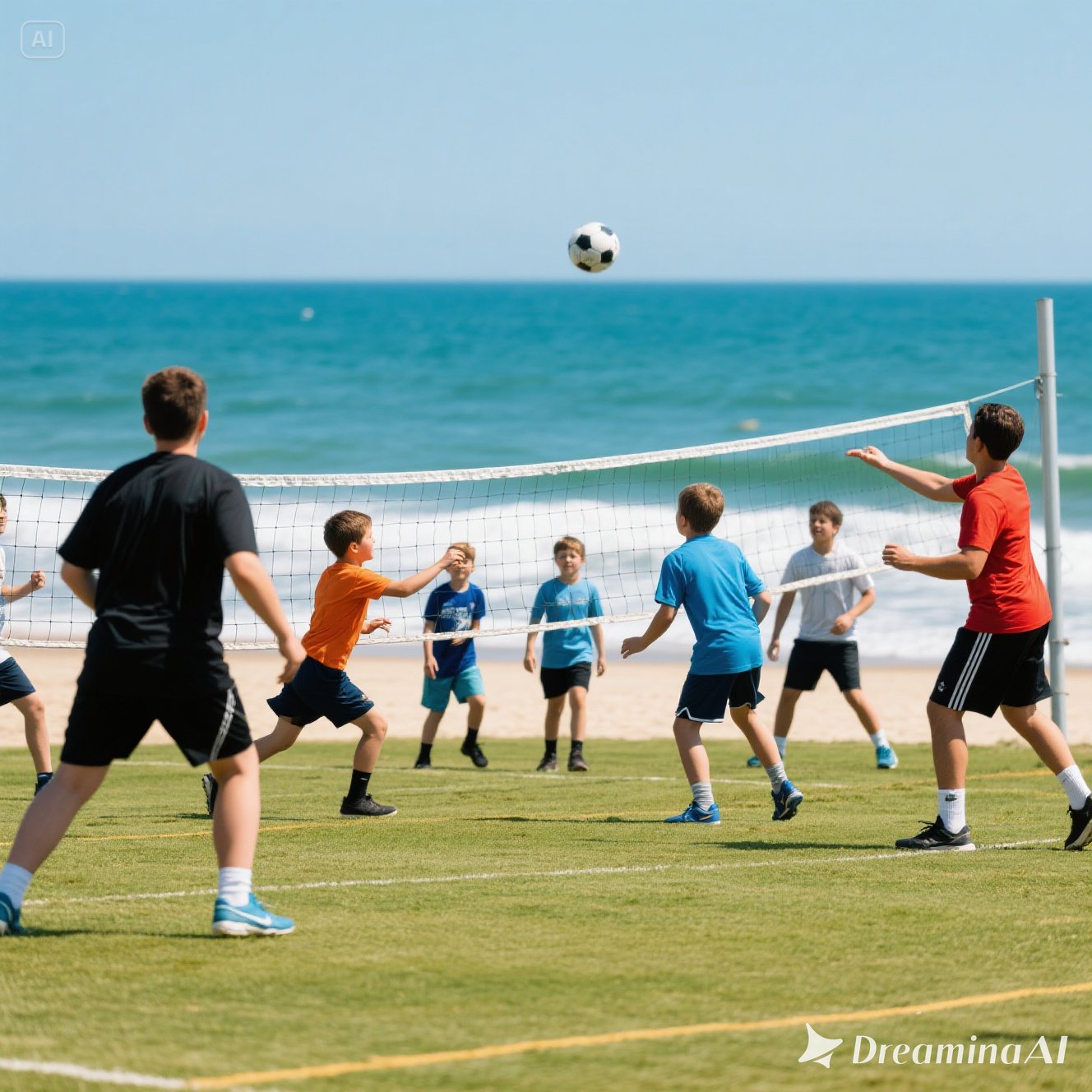 Illustration of coastal sports camps with people playing volleyball, surfing, and training on the beach.