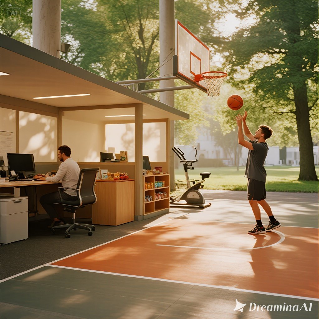 Collage showing balance of sports, office work, and wellness practices like yoga and meditation