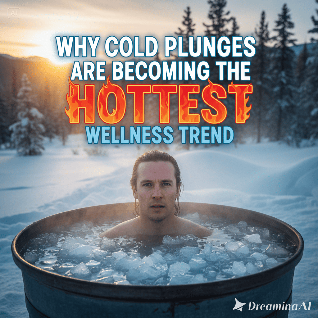 Illustration of a person taking a cold plunge in an ice bath with wellness symbols like heart health and mental clarity icons.