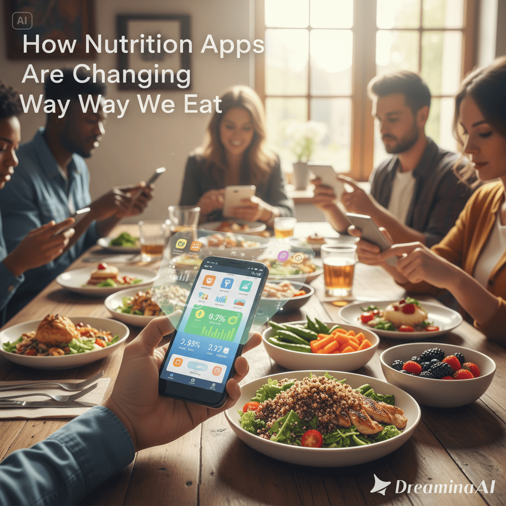 Illustration of a smartphone showing a nutrition app with healthy food icons around it.