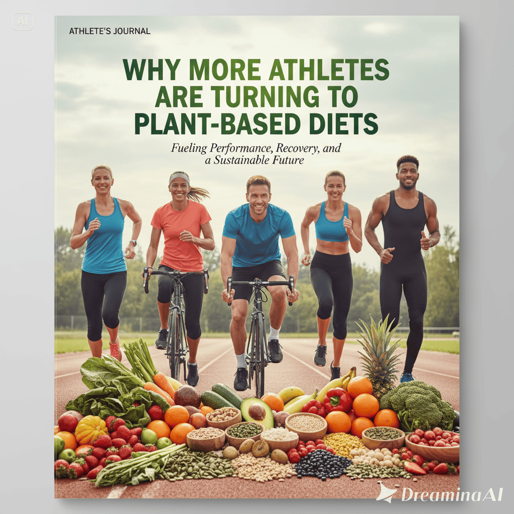 Illustration of athletes powered by plant-based diets, featuring fruits, vegetables, and sports icons.