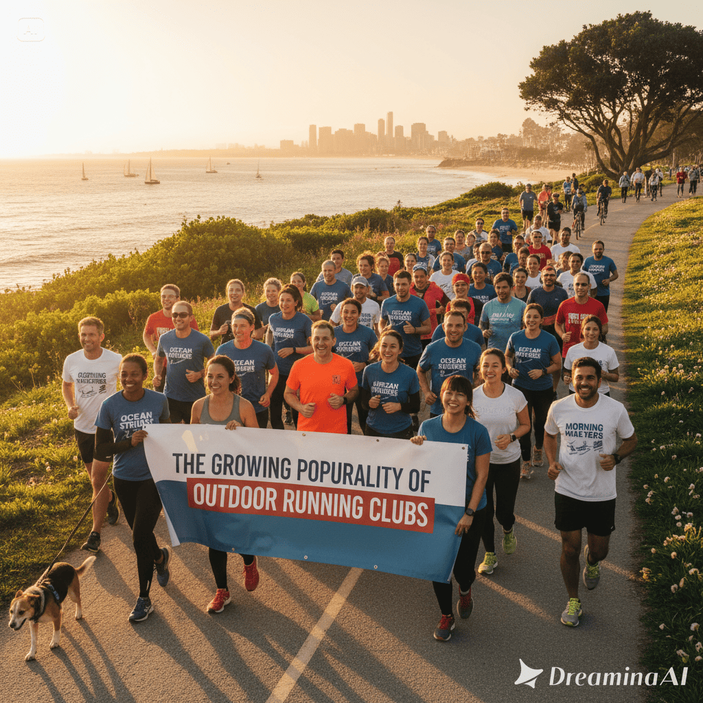 Illustration of a diverse group of runners jogging together outdoors in a scenic park at sunrise.