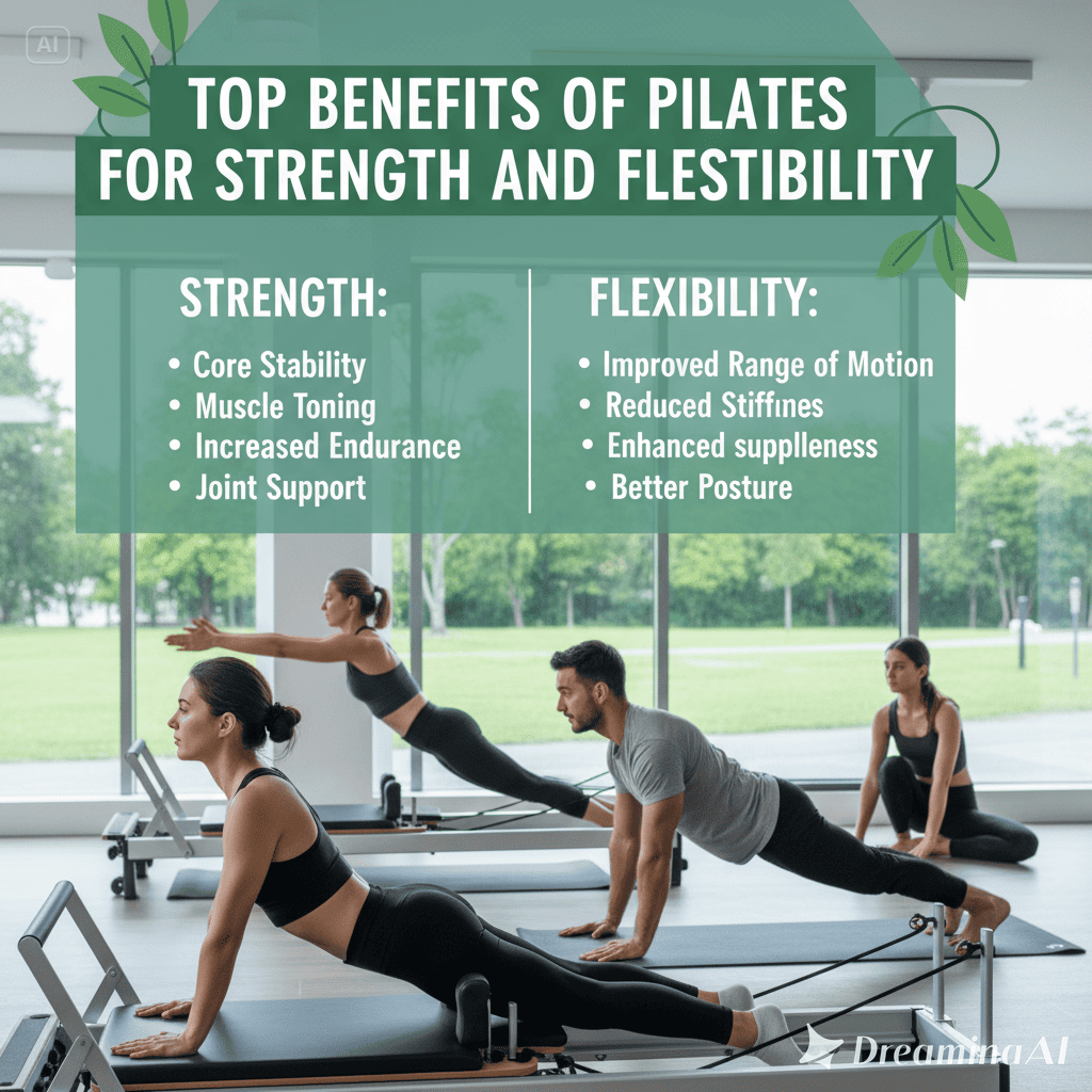 Ilustrasi wanita melakukan Pilates di studio modern dengan posisi plank dan latar tenang.