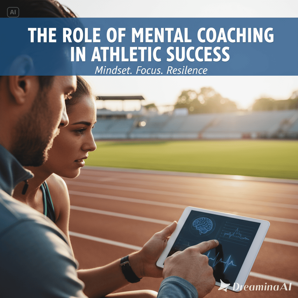 Ilustrasi atlet fokus dengan pelatih mental di latar belakang, simbol keseimbangan antara pikiran dan performa.