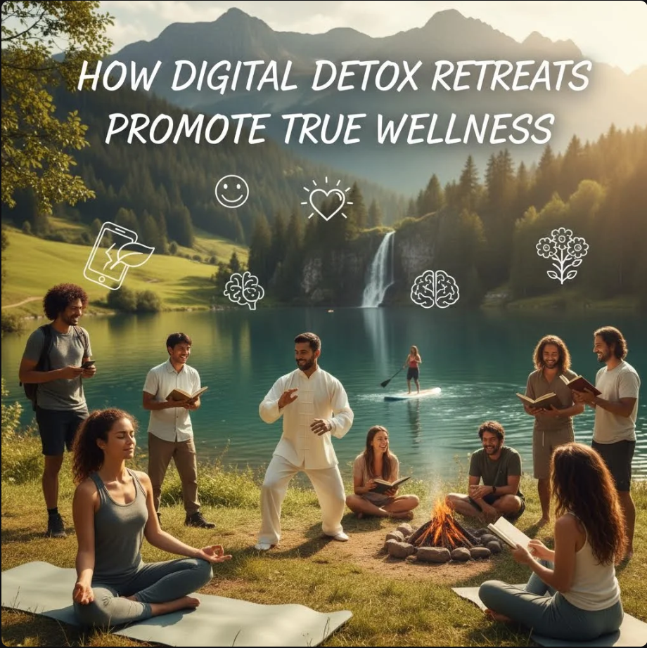 People practicing mindfulness and yoga at a serene digital detox retreat in nature