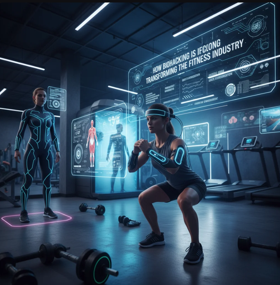 Ilustrasi tubuh manusia digital dengan data biometrik dan sensor kebugaran yang terhubung ke perangkat pintar.