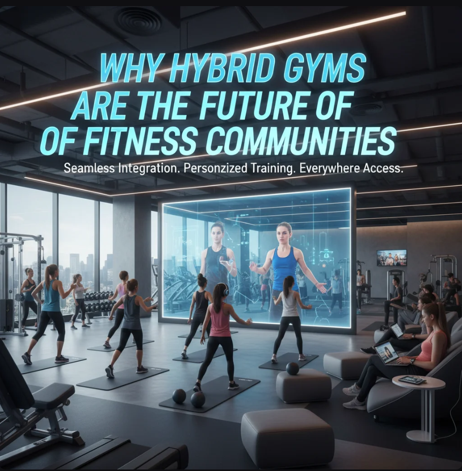 Modern hybrid gym combining digital fitness screens with physical workout areas.
