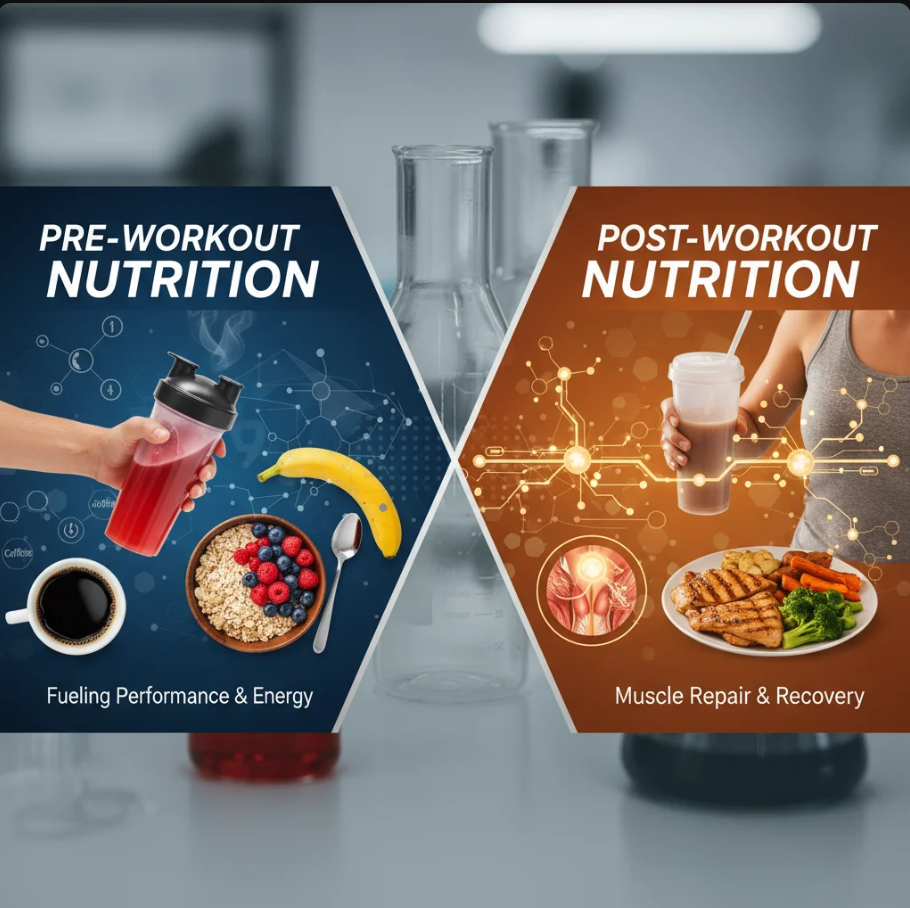 Athlete preparing a protein shake beside healthy pre-workout snacks like oats and bananas.