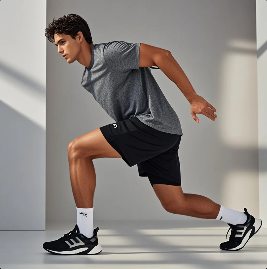 A person doing a dynamic warm-up in a gym with a timer set to 10 minutes.