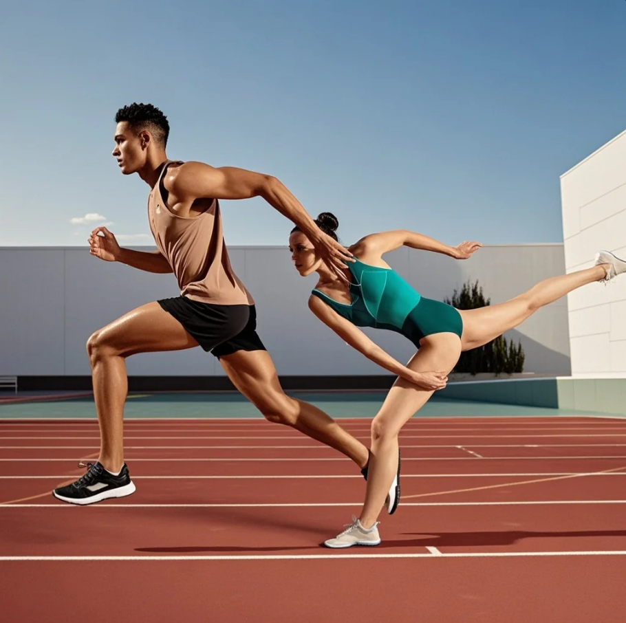 Split-screen showing a person stretching hamstrings (flexibility) and doing a controlled deep squat with arm reach (mobility).