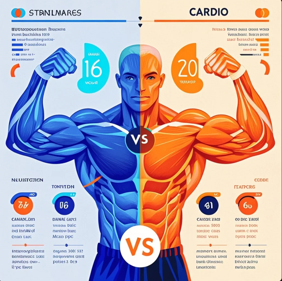 A split scene showing dumbbells on one side and a treadmill on the other, representing strength vs cardio goals